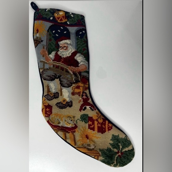 Needlepoint Christmas Stockings Santa's Workshop Velvet Back - Picture 1 of 2
